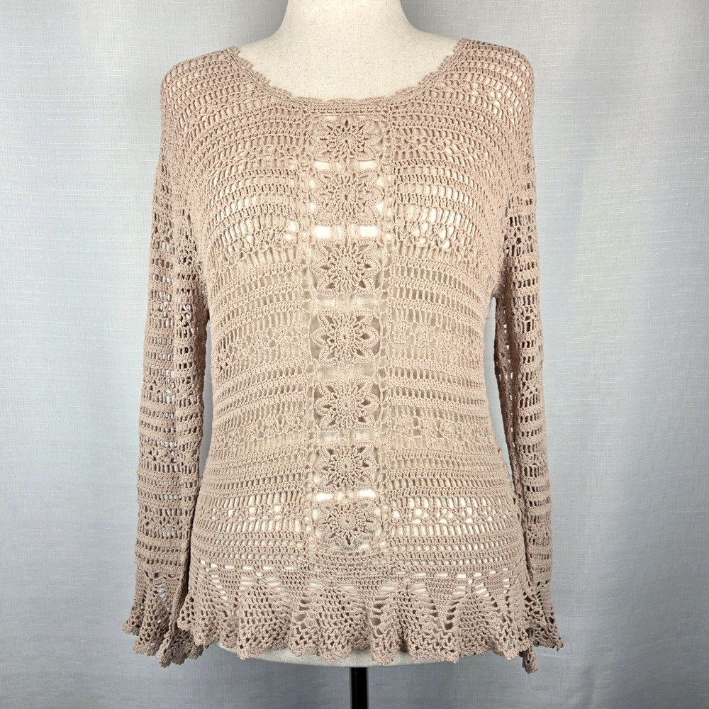 Elizabeth New York Beige Open Knit Crochet Sweater Women's PL Boho Fairy Hippie